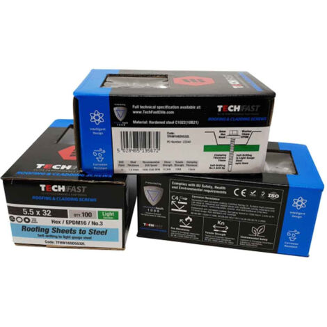 ForgeFix TechFast Roofing Sheet to Steel Hex Screw & Washer No.3 Tip 5.5 x 45mm Box 100 FORTFHW5545L