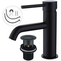 Round Matt Black Bathroom Basin Tap Sink Mono Mixer + Flexi Tails + Waste