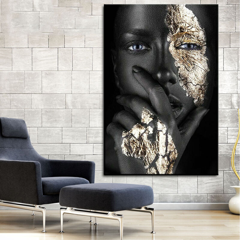 N A Peinture sans Cadre Africain Noir Belle Femme Toile Salon Mur Photo Figure dorée Art décorationZGQ9847 20x40 cm 