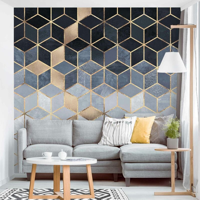 Fototapete Premium - Blaue Geometrie goldenes Art Deco - Fototapete Quadrat  Größe HxB: 192cm x 192cm