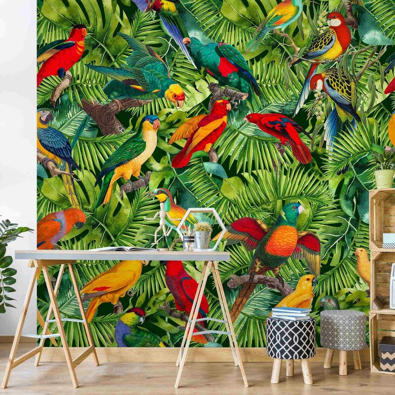 Tapete selbstklebend - Bunte Collage - Papageien im Dschungel - Fototapete  Quadrat Größe HxB: 192cm x 192cm