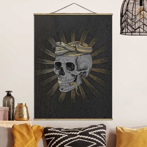 Stoffbild mit Posterleisten - Laura Graves - Illustration Totenkopf und  Schlange Schwarz Gold - Hochformat 4:3 Größe HxB