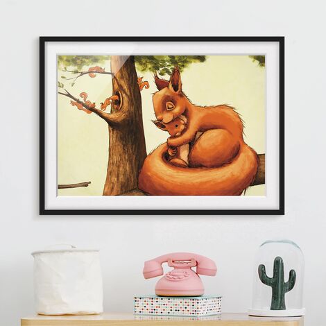 Bild mit Rahmen - Einhörnchen Mama Größe HxB: 18cm x 24cm, Rahmen: Schwarz