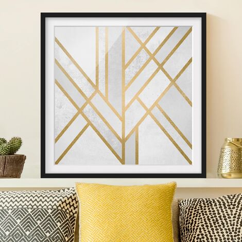 Bild mit Rahmen - Art Deco Geometrie Weiß Gold Größe HxB: 20cm x 20cm,  Rahmen: Schwarz