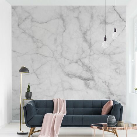 Marmor Tapete - Marmoroptik Weiß Grau - Bianco Carrara - Vlies Wandtapete  Premium Quadrat Größe HxB: 192cm x 192cm