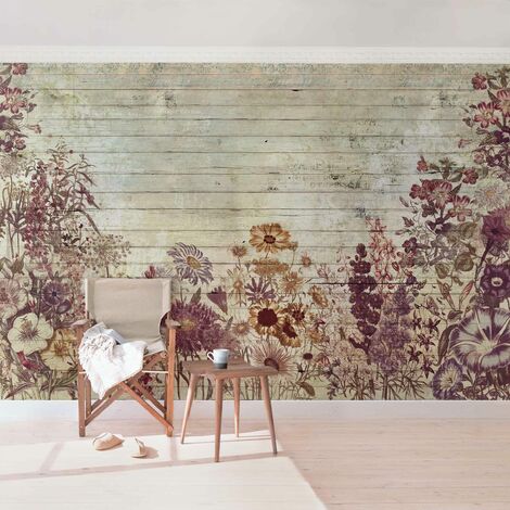 Fototapete - Vintage Blumen Holzoptik - Vliestapete Premium Breit Größe  HxB: 190cm x 288cm