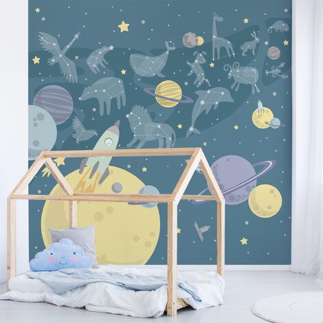 Vliestapete Kinderzimmer - Planeten mit Sternzeichen und Raketen -  Fototapete Quadrat Größe HxB: 192cm x 192cm