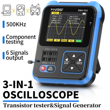 FNIRSI DSO-TC3 Oscilloscope - 3-in-1 Handheld Oscilloscope & DDS Signal Generator & Transistor Tester, 500Khz Bandwidth 10MSa/s Sampling Rate, 6 Types Of Waveforms, Transistors Measure