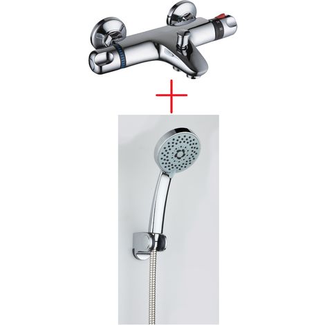 Grifo termostático de bañera Extremadura con flexo, soporte y mango de ducha incluidos.