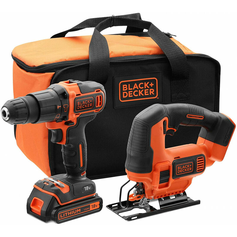 Set Taladro Percutor + Sierra de Calar Black+Decker 18V + Bateria 1,5Ah y Bolsa de Transporte BCK22S1S-QW