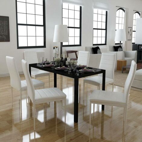 Ensemble table à manger GEORGIA 140 cm blanche et noire et 6 chaises ROMANE  noires liseré blanc