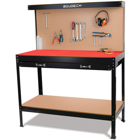 Metallwerkbank mit Wand- und Werkstattschubladen 120x60cm + 2 Schubladen und 2 Ablagen für Werkzeuge