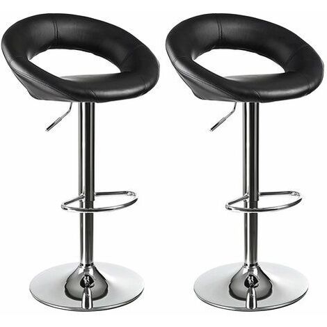 2 eco-leather design bar stools for lounge and kitchen Island Counter. Set of two adjustable Leatherette stool chairs with Swivel Gas Lift, Chrome Steel Footrest & Base Model Caterina Color Black