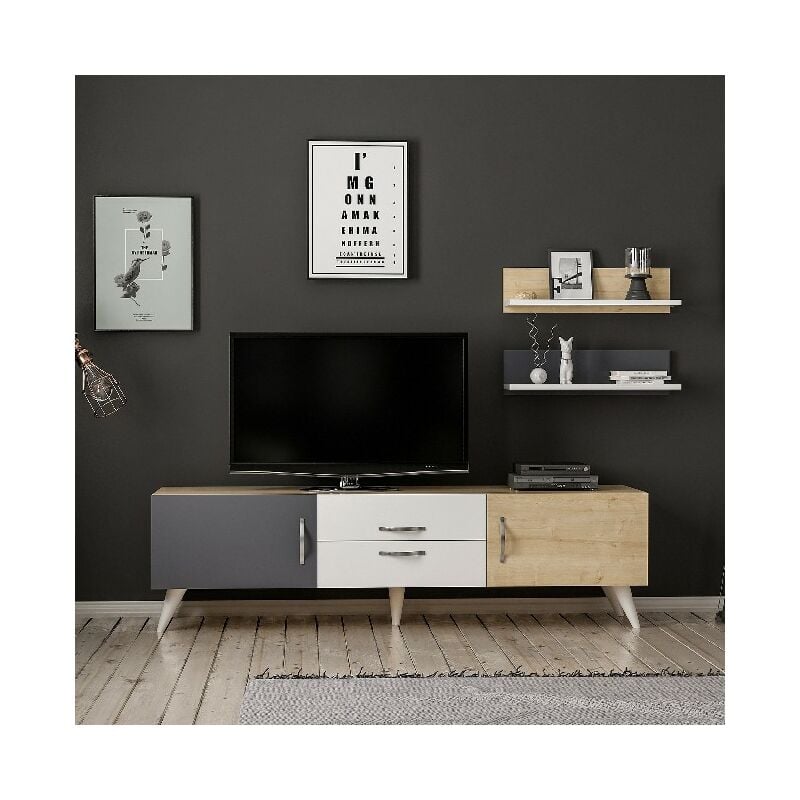 Mueble TV Only Moderno - con Puertas, Estantes, Compartimientos, Cajon - para Salon - Blanco, Roble, Antracita en Madera, 160 x 32 x 45 cm