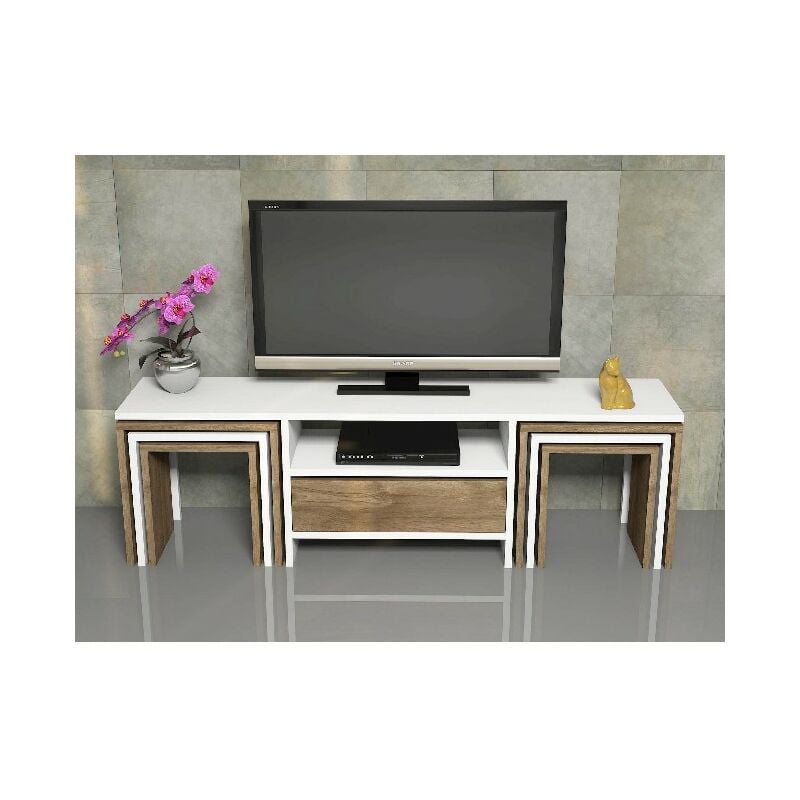 Mueble TV Zygo - con Mesas de Centro, Puerta, Compartimientos - para Salon - Nogal, Blanco en Madera, 140 x 30 x 41,8 cm