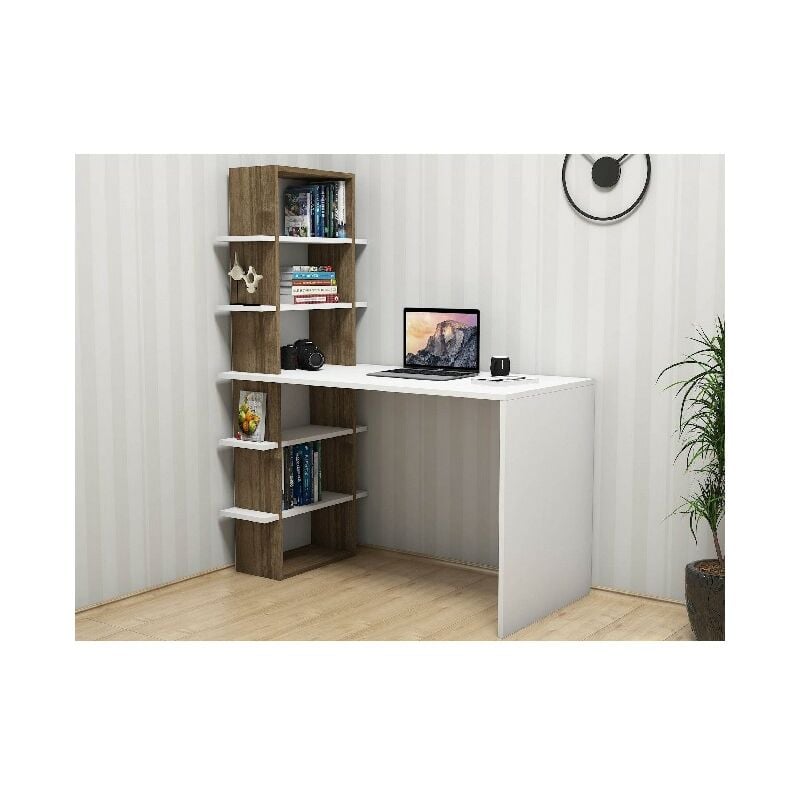 Escritorio Madelon con Libreria, Compartimientos - para Estudio, Dormitorio - Nogal, Blanco en Madera, 120 x 60 x 151,8 cm