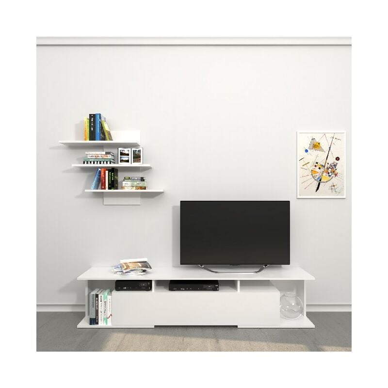 Mueble TV Bounty - con estanterias, estantes, puertas - de la sala de estar - Blanco en Madera, 170 x 32 x 36 cm