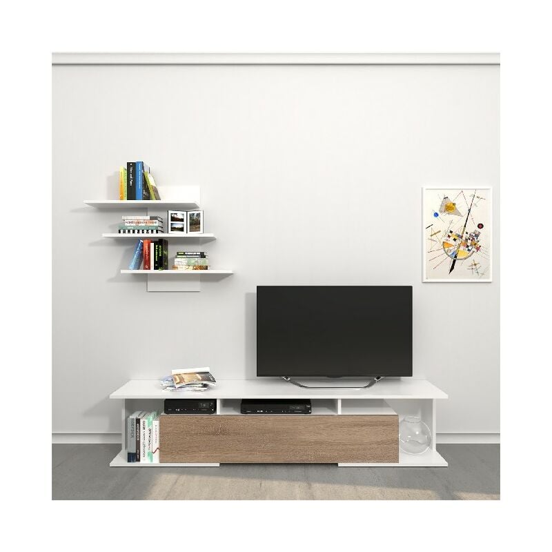 Mueble TV Bounty - con estanterias, estantes, puertas - de la sala de estar - White, Sonoma en Madera, 170 x 32 x 36 cm