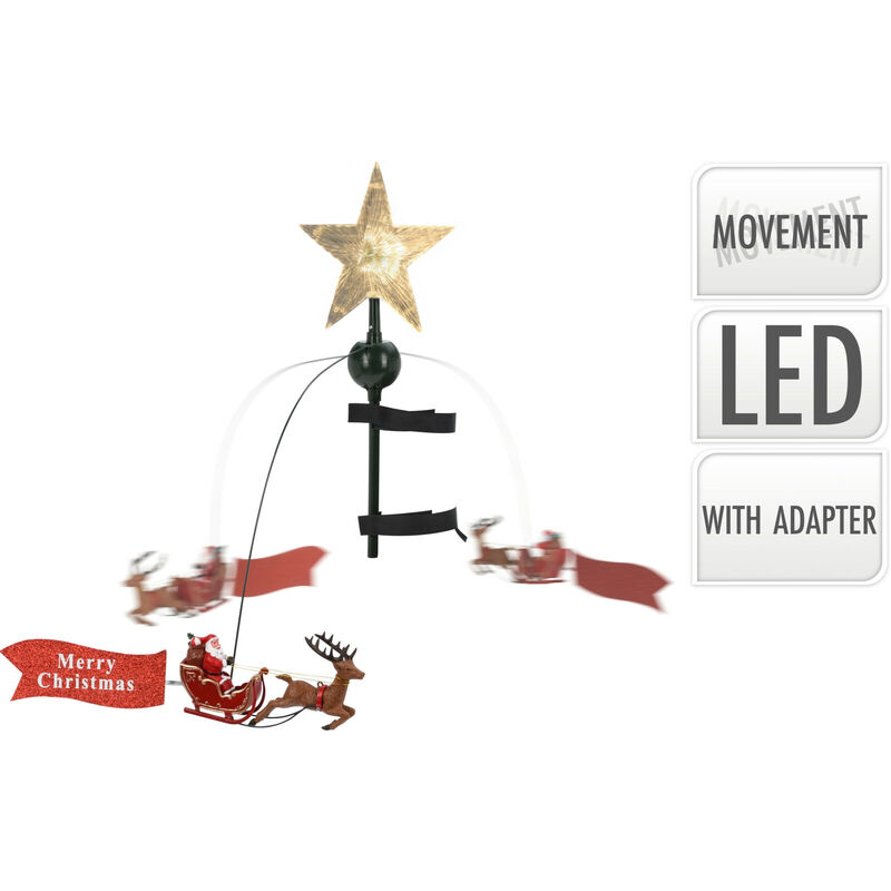 Puntale Albero Di Natale Con Slitta In Movimento PUNTALE PER ALBERO DI NATALE CON LED E MOVIMENTI SLITTA BABBO NATALE