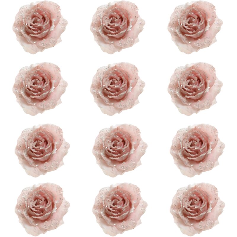 OFFERTA 12 ROSE APPENDIBILI CON CLIP E GLITTER 14X8,5CM ROSA CIPRIA  DECORAZIONE ADDOBBI