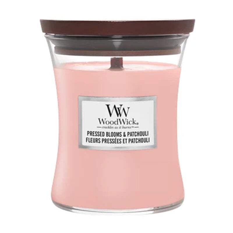 WOODWICK CANDELA CLESSIDRA MEDIA MEDIUM JAR PRESSED BLOOMS & PATCHOULI  PROFUMAZIONE CASA INTERNI