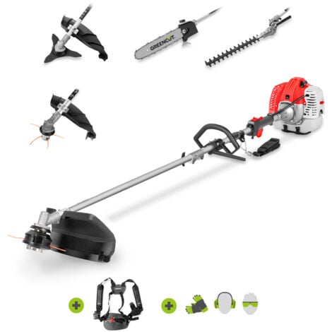 Outil multifonction moteur à essence 2 temps 65cc 4,9cv, 5 accessoires différents pour la coupe, guidon à double poignée, harnais de sécurité - Greencut GM650X-5