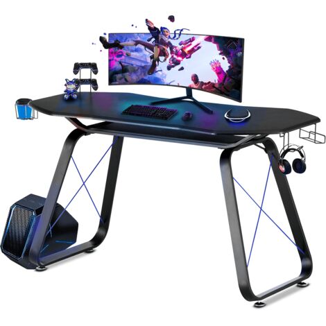 Bureau gaming desk, bureau gamer ergonomique, table informatique, design moderne, table de jeu pour ordinateur PC avec porte-gobelet et support pour casque, ideal pour les joueurs, bleu
