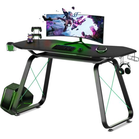 Bureau gaming desk, bureau gamer ergonomique, table informatique, design moderne, table de jeu pour ordinateur PC avec porte-gobelet et support pour casque, ideal pour les joueurs, verte
