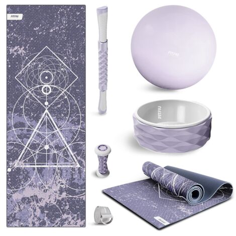 Fitfiu Fitness – Pack de 6 accessoires de yoga – Tapis ethnique 173x61cm – Ballon 65cm – Wheel 34x13cm – Rouleau massage pieds 6,7x17cm – Sangle