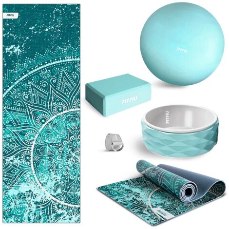 Fitfiu Fitness – Kit de 5 accessoires de yoga bleu – Tapis antidérapant, brique, roue, ballon gym, sangle – Pour force et équilibre