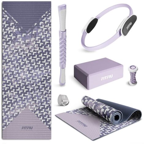 Kit de 6 accessoires KITWELL-601 violet pour yoga et pilates Enseble d'articles comprend tapis geometrique, anneau pilates, rouleau de massage, brique, rouleau massage pieds et sangle - FITFIU Fitness