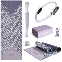 Fitfiu Fitness – Kit de 6 accessoires de yoga et pilates – Tapis 5mm, brique, anneau, rouleau massage, sangle – Motif géométrique lilas