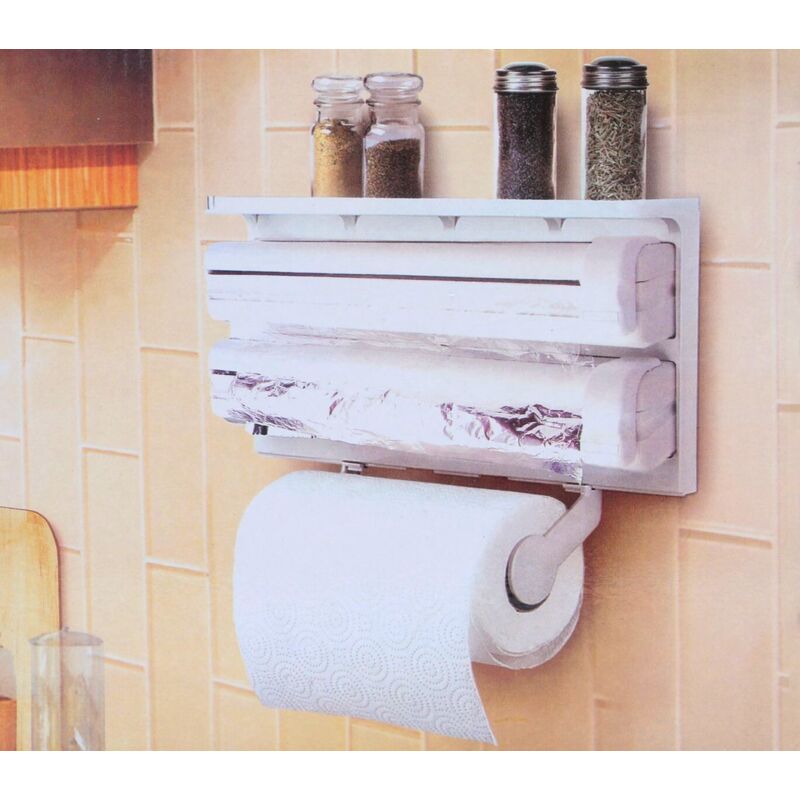 Portarrollos De Pared Triple NERTHUS - Dispensador De Aluminio Con Cortador Para Film Y Papel, Incluye Estante Para Especias | Organizador De Cocina