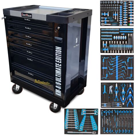 Servante d'atelier Kraft Muller KM-8-6 BLACK, 265 Outils inclus avec clé Dynamo - 7 tiroirs & 1 porte en façade, sur roulettes