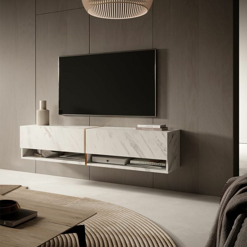 Selsey MIRRGO - Mobile TV - 140 cm - pannelo laminato - colore: marmo  bianco + striscia dorata