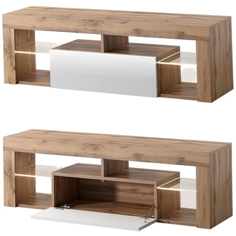 Selsey BIANKO - Mobile TV Moderno / Tavolino TV / Porta TV Elegante con Ripiani in Vetro 140 cm (Quercia Dorata / Bianco Lucido, con LED)