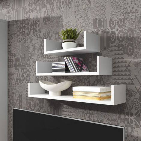 Set 3 mensole a parete a U scaffale sospeso legno mdf bianco grigio noce