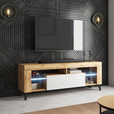 Selsey HugoB - Mobile TV per il soggiorno - rovere lancaster / bianco lucido  - Illuminazione a LED con batterie 