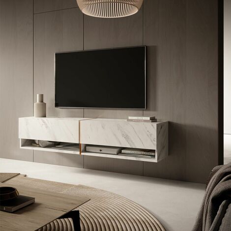 Selsey MIRRGO - Mobile TV - 140 cm - pannelo laminato - colore: marmo bianco + striscia dorata