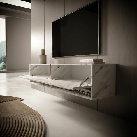 Selsey MIRRGO - Mobile TV - 140 cm - pannelo laminato - colore: marmo bianco + striscia dorata