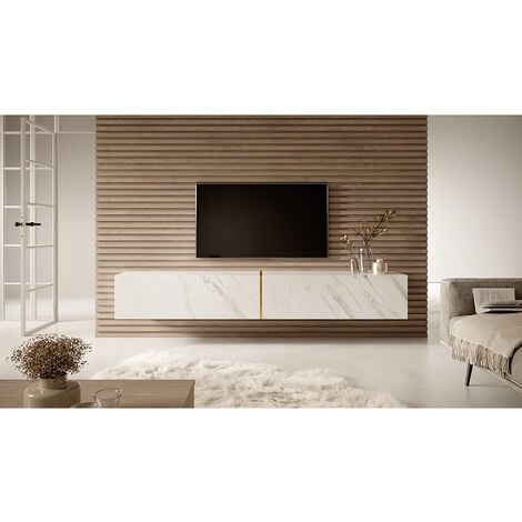 Selsey Bisira Mobile TV bianco in look marmo con inserto color oro, 200 cm
