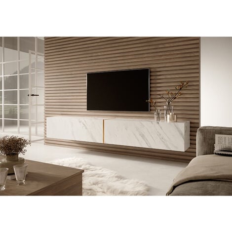 Selsey Bisira Mobile TV bianco in look marmo con inserto color oro, 200 cm