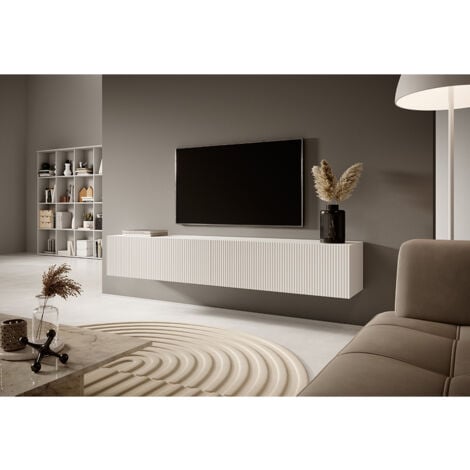 Mobile TV Sospeso Veldio 175 Cm - Nero, Con Lamelle In MDF, Piano Largo, Per Soggiorno Moderno