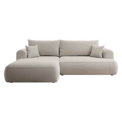 Selsey - Eckschlafsofa Ovo L-förmiges Creme-Velours mit einem Behälter aus pflegeleichtem Stoff, linke Seite