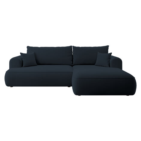 Selsey - Eckschlafsofa Ovo in L-Form aus marineblauem Velours mit einem Behälter aus pflegeleichtem Stoff, rechte Seite