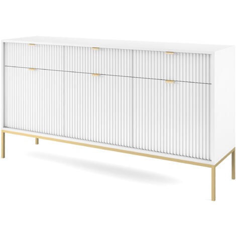 Selsey VELLORE - Kommode 3-türig mit 3 Schubladen, Weiß mit geriffelten Fronten mit goldenen Metallbeinen, 154 cm (1/5)