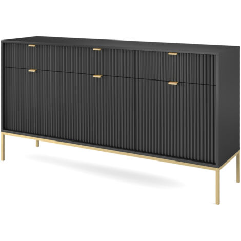 Selsey VELLORE - Sideboard Kommode 3-türig mit 3 Schubladen, Schwarz mit geriffelten Fronten mit goldenen Metallbeinen, 154 cm (1/3)