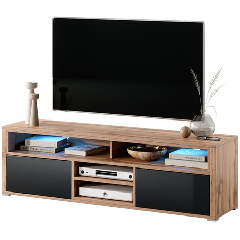 Selsey TV-Lowboard LAKSA - Fernsehschrank in Wotan Eiche / Schwarz Hochglanz mit LED-Beleuchtung, 137 cm breit