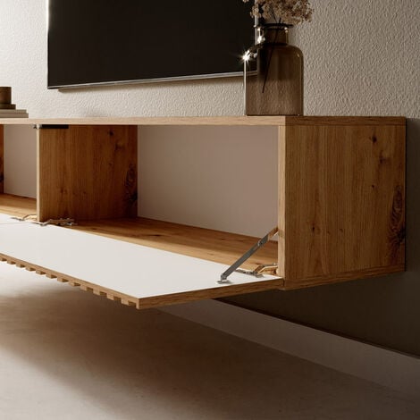 Selsey Telire - TV-Lowboard stehend in Wotan Eiche, Lamellenfront, mit schwarzen Einsätzen, 175 cm
