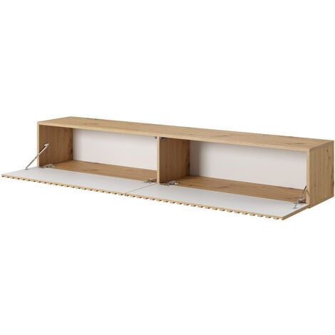 Selsey Telire - TV-Lowboard stehend in Wotan Eiche, Lamellenfront, mit schwarzen Einsätzen, 175 cm